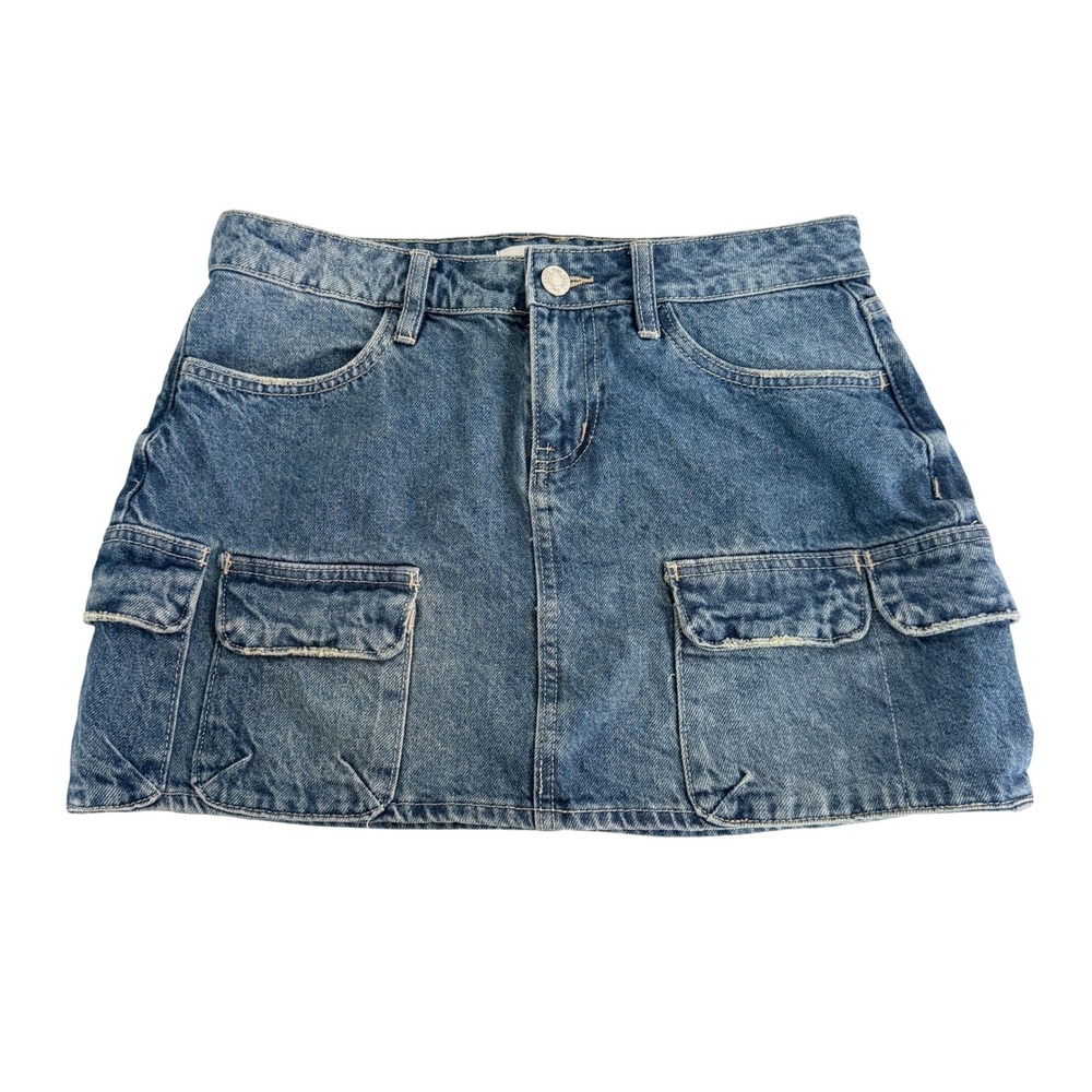 YMI Denim Mini Skirt Womens 7/28 Cargo Utility Pockets Medium Wash Blue